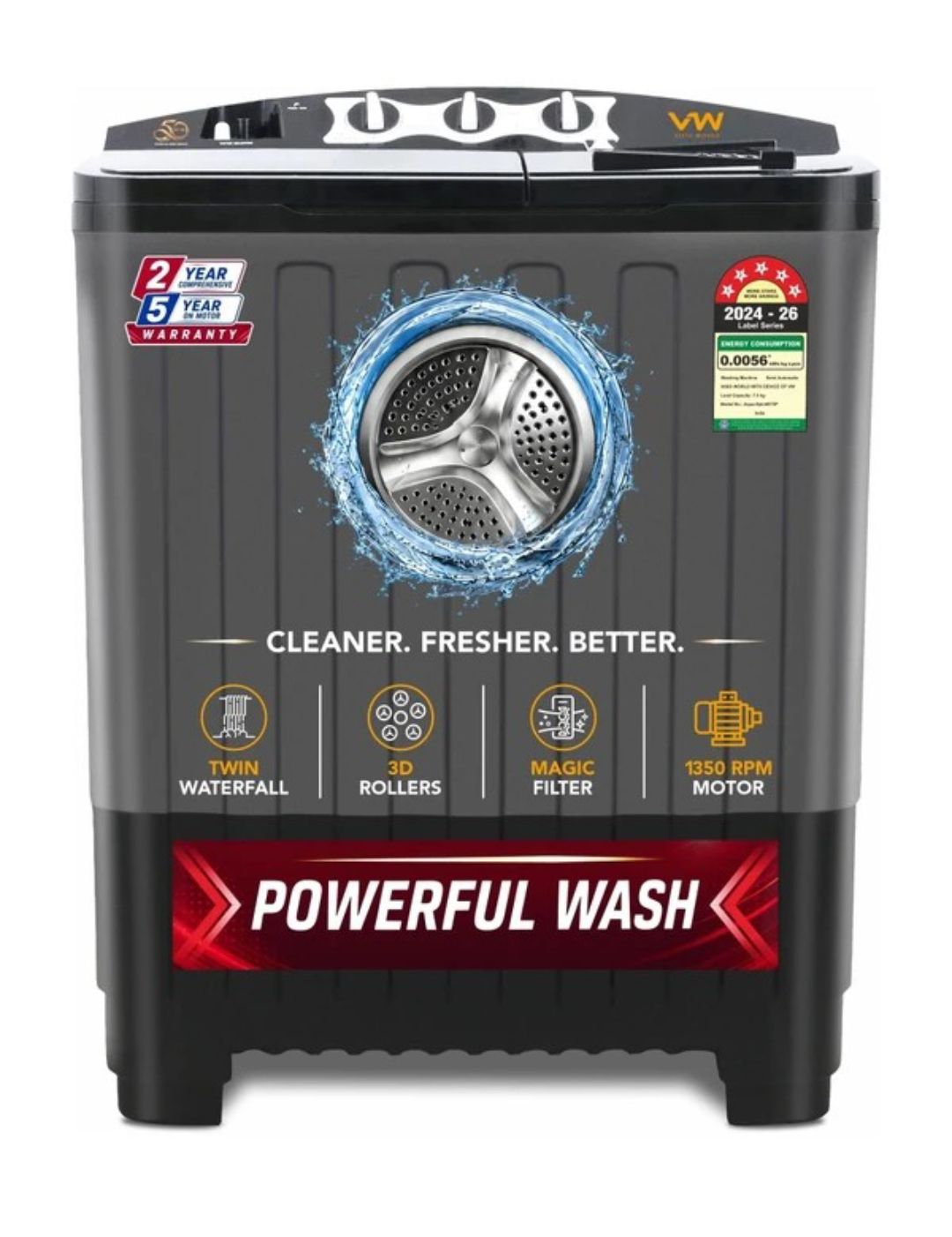 VW 7.5 kg Semi Automatic washing machine Top Load Black (AquaSpin0075P)