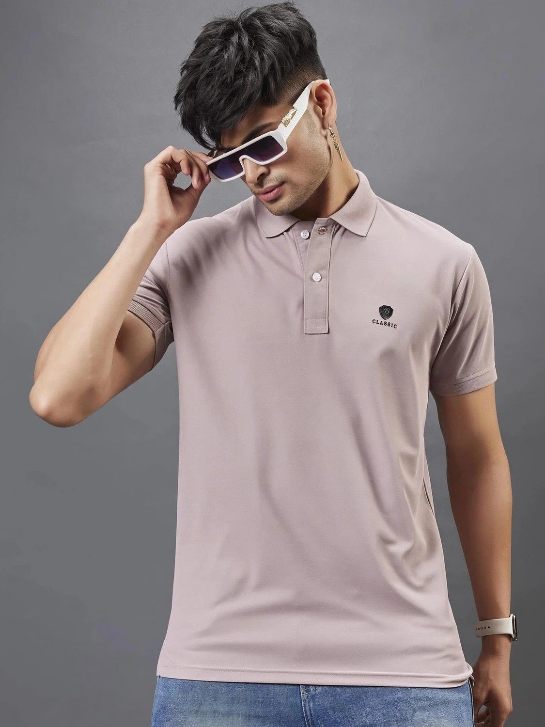 3BROS Men Solid Polo Neck Polyester Beige T-Shirt