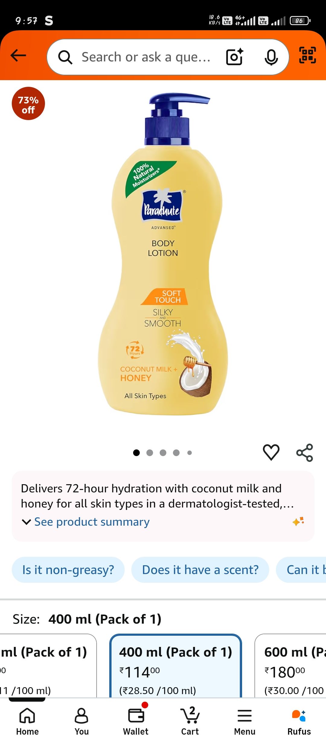 Parachute body lotion @109+extra cb for icici holder