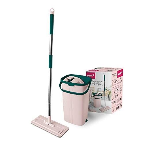 YORK Hands-Free Squeeze Microfiber Flat Spin Mop System 360° Flexible Head with with Extra 1 Super-Absorbent Reusable Microfiber Pads