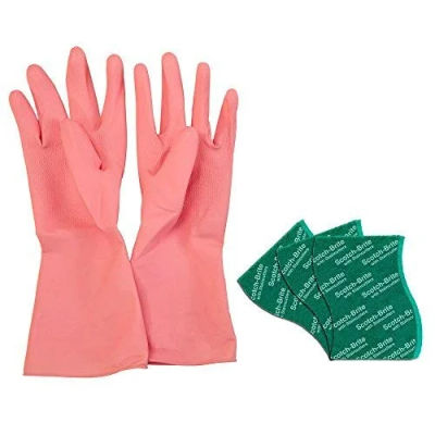 Scotch-Brite Kitchen Gloves medium pair (1 unit) & Scotch-Brite Silver sparks scrub pad for dishwashing (3 units)