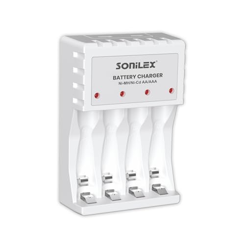 Sonilex AA & AAA Battery Charger, 4-Slot LED Smart Charger (White)