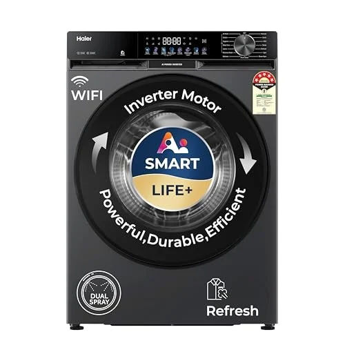 Haier 9 Kg, 5 Star, AI Smart LIFE+, Hygienic Care, ABT, 525 mm Super Drum, Refresh, Direct Motion Motor, WiFi enabled, Fully Automatic Front Load Washer (EFL90-IM14F5ES8U1 | Dark Jade Silver)