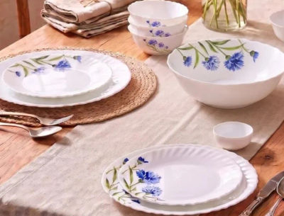 La Opala Novo Opalware Dinner Set, 10 Pcs for Family of 2, Floral Fountain Microwave & Dishwasher Safe, Bone-Ash Free, Plates & Bowls for Dining & Gifting, Break-Resistant, Lightweight, Made in India