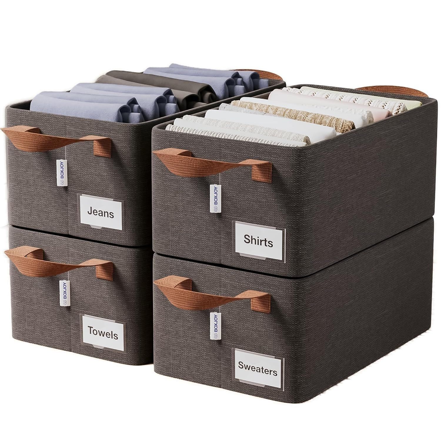 BOXJOY 4 Pcs Wardrobe Cloth Organizer for Storage Box with Label Card & Holder | Foldable Clothes Organiser with Steel Frame & Handle | Smart Jeans Kapde Closet Basket for Cupboard in Almirah Shelf