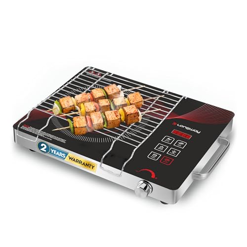 Longway Infralite Pro 2200W Infrared Hot Plate Cooktop with Steel Grill Rack, Crystal Glass Top, Touch Panel & Digital Display, 4 Preset Modes - Stir Fry, BBQ, Hot Pot & Steam, Red