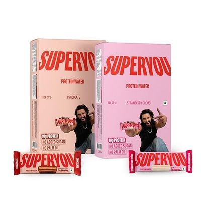 SuperYou Chocolate & Strawberry Protein Wafer Bars (Combo Pack of 20 - 10 Each) | 10g Fermented Protein, No Added Sugar, No Palm Oil | 100% Veg Crunchy Energy Snack Bars (800g Total)
