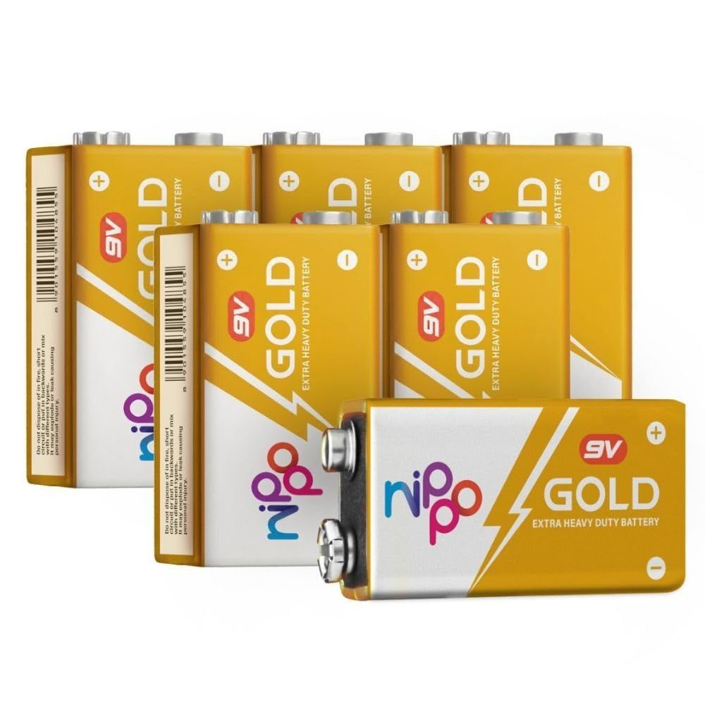 Nippo Gold 9V Zinc Carbon Battery (Pack of 6), Heavy Duty Battery for High Drain Devices, Toys, Radio, Smoke Detectors, Multimeter, Cordless Mike