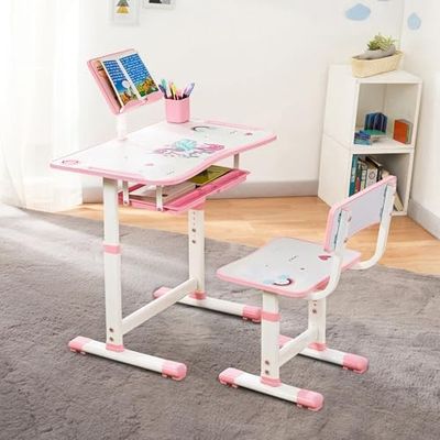 Amazon Brand -Jam & Honey Kids Functional Desk and Chair Set,Height Adjustable Children School Study Table with Book Holder Slot|Age 3+Years(Pink|Iron & Wood,H:35.5x40x32.5cm(chair) 63x43x69cm(table)