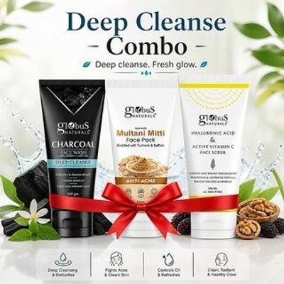 (Combo of 3) Globus Naturals Face Scrub (100g) With Multani Mitti Face Pack (50g) and Charcoal Face Wash (100g)