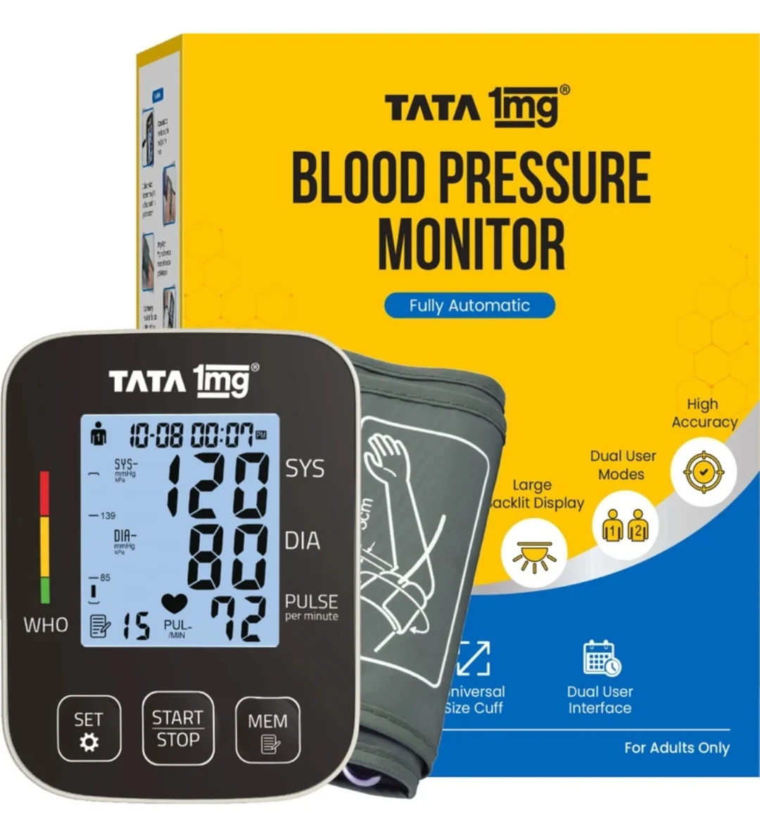 TATA 1mg T1MG/BP05 Blood Pressure Monitor Fully Automatic, Large Display, Dual User Memory Bp Monitor (Black) (Loot)