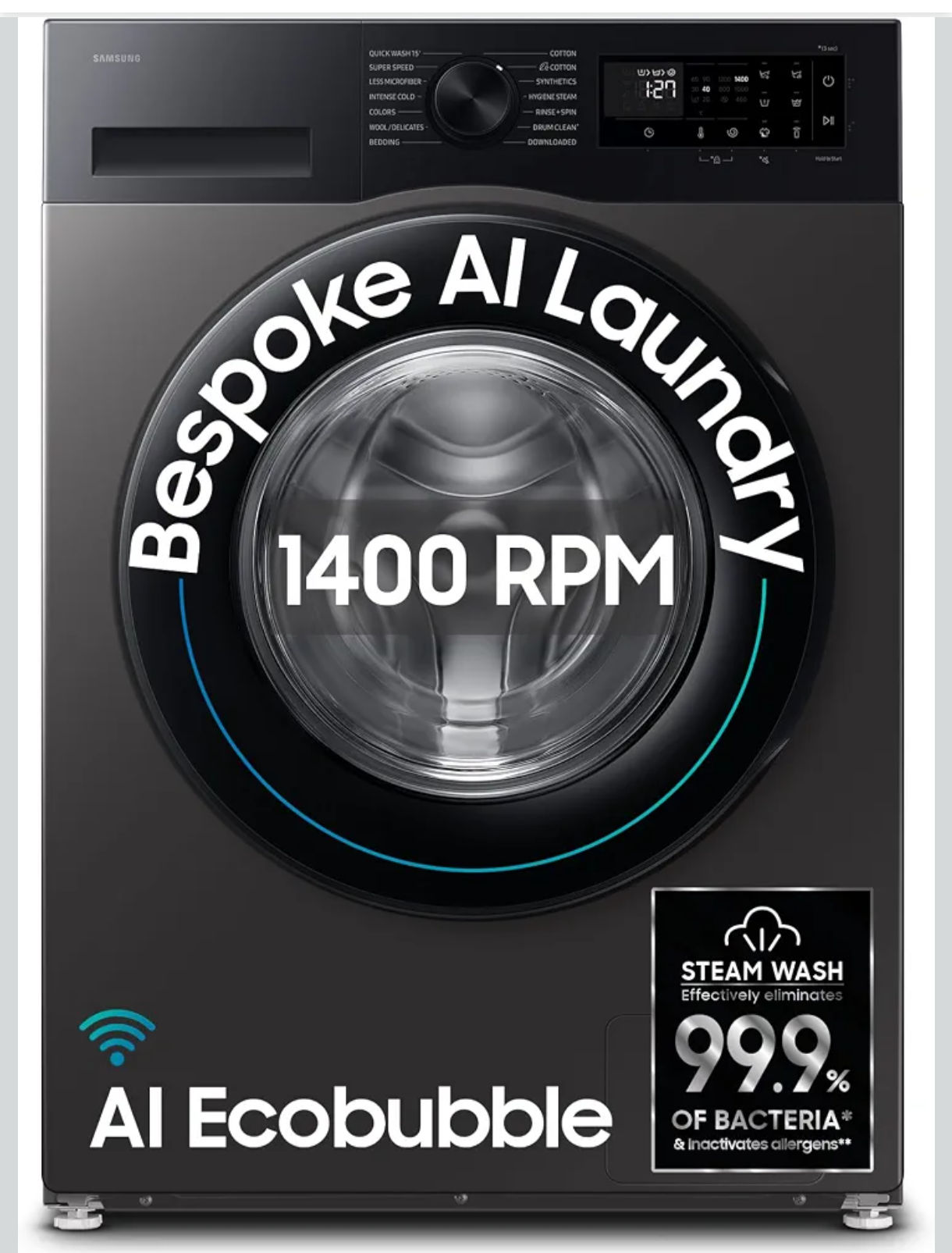 Samsung 9 kg, 5 star, AI EcoBubble, Super Speed, Wi-Fi, Hygiene Steam with Inbuilt Heater, Digital Inverter, Fully-Automatic Front Load Washing Machine (WW90DG5U24AXTL, Inox)
