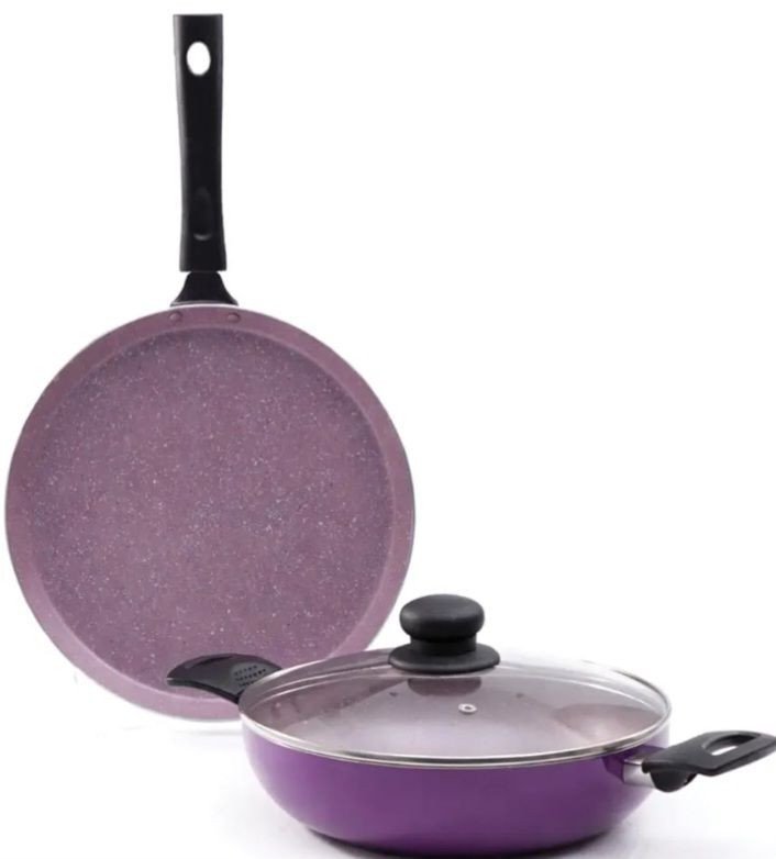 Wonderchef Valencia Plus Non-Stick Cookware 3 Piece Set | Kadhai, Glass Lid, Dosa Tawa | Cool Touch Bakelite Handles | Pure Grade Aluminium| PFOA Free| 1 Year Warranty | Purple