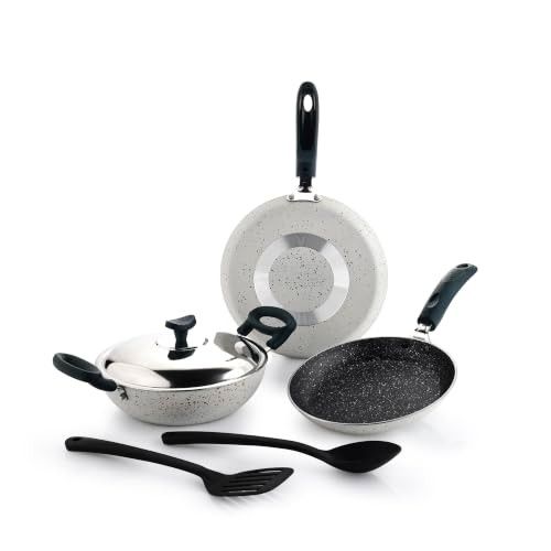 Crystal Aluminum 6 Pcs Non Stick Cookware Set | Gas Stove Friendly | Tawa, Fry Pan, Kadhai with Lid, Laddle & Spatula | Durable 4 Layer Non Stick Coating | PFOA Free | White