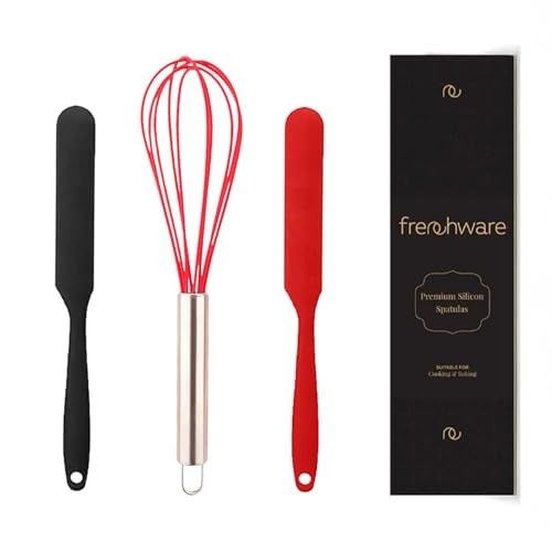 Frenchware (Set of 3, 2 Jar Spatulas & 1 Whisk, Red & Black) Non-Stick Premium Silicone Spatula for Cooking, Baking & Mixing, Seamless Design