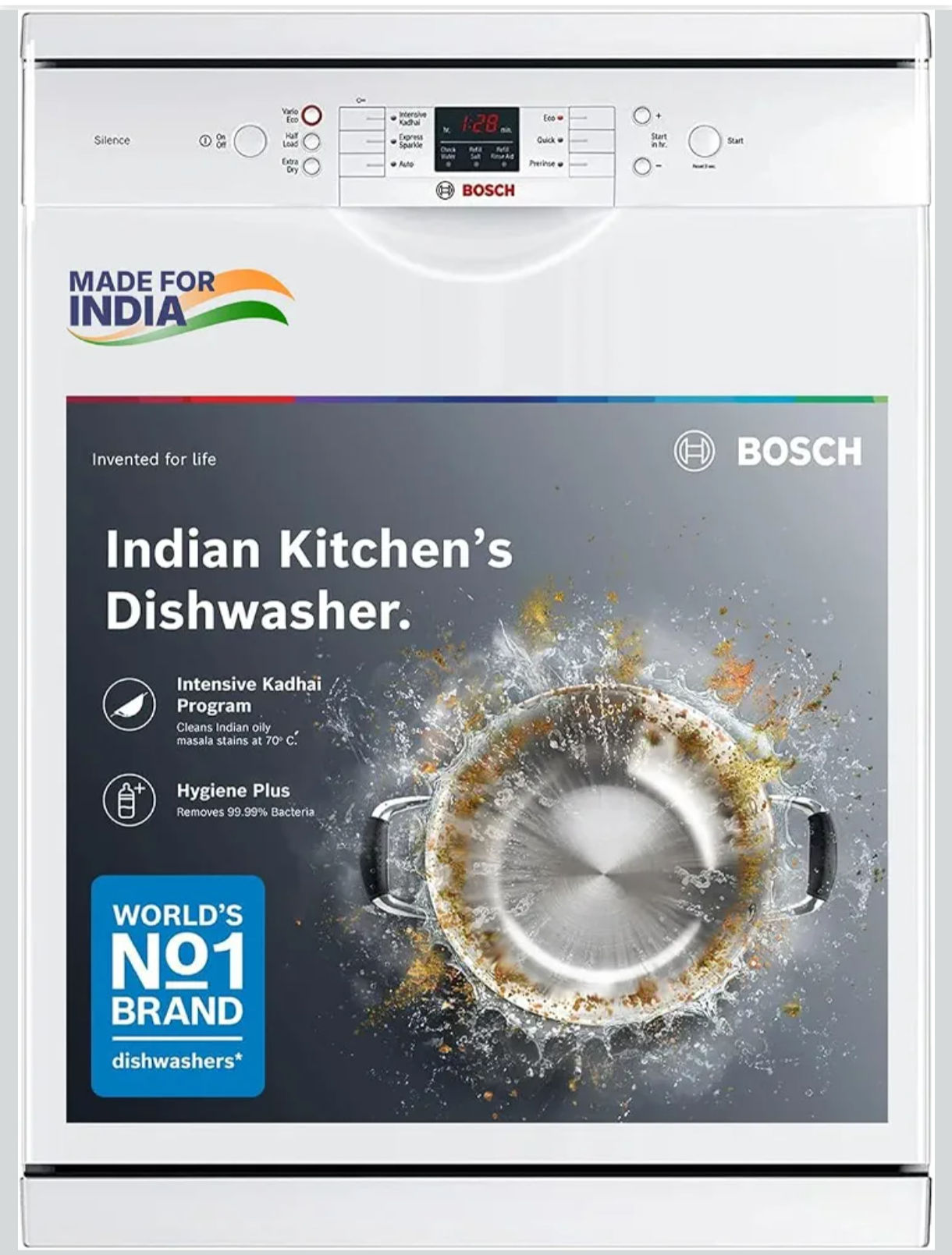 Bosch 13 Place Setting (fits up to 70 utensils) Free-Standing Dishwasher for Indian Utensils | Hygiene+ & Intensive Kadhai Program (SMS66GW01I, White, Inbuilt Heater, Removes 99.9% Germs)