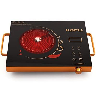 Kapli 2000W Infrared Cooktop Touch Panel | Energy Efficient, Safety Auto-Off & Overheat Protection | Compatible With All Utensils + Free Ss Bbq Grill, Black, Radiant