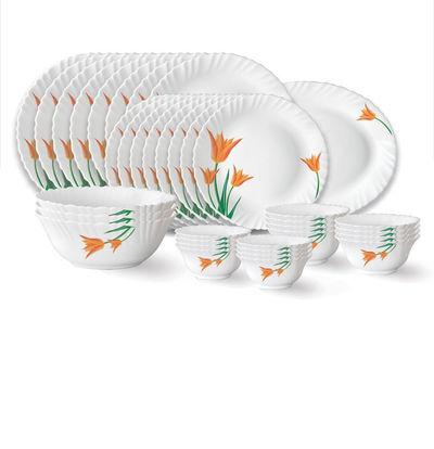 Larah by Borosil Firefly Fluted Series Opalware Dinner Set | 36 Pieces for Family of 8 | Microwave & Dishwasher Safe | Bone-Ash Free | Crockery Set for Dining & Gifting | Plates & Bowls | White