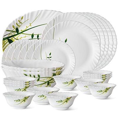 Larah by Borosil Fluted Series Green Herbs Opalware Dinner Set | 27 Piece for Family of 6 | Microwave & Dishwasher Safe | Bone-Ash Free | Crockery Set for Dining & Gifting | Plates & Bowls | White