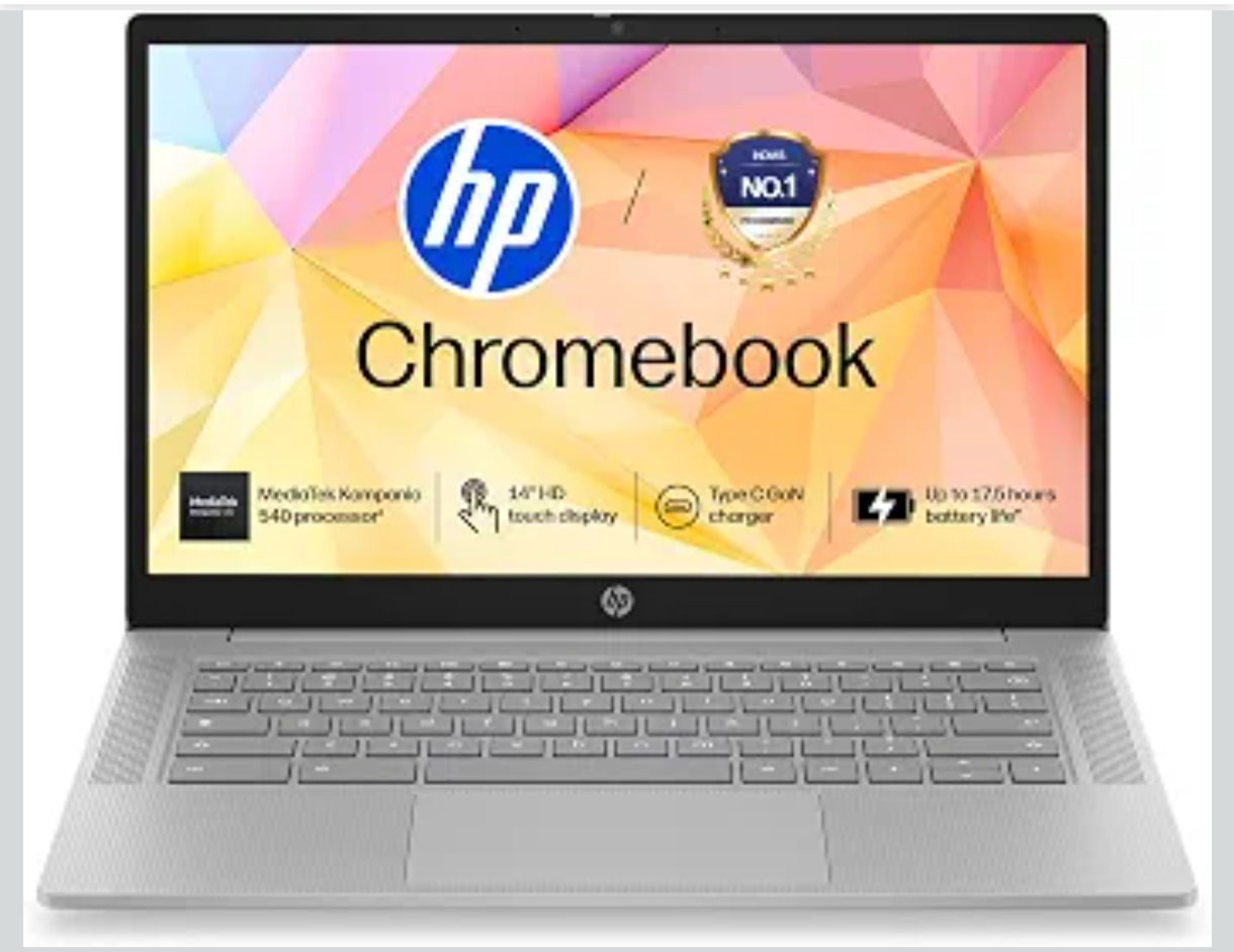 HP Chromebook 14, MediaTek Kompanio 540 (4GB LPDDR5, 128GB UFS) HD, Touch, Anti-Glare, Micro-Edge, 14''/35.6cm, ChromeOS, 100GB Google One(1yr),Modern gray,1.35kg, nm0006MU, HD Camera w/shutter Laptop