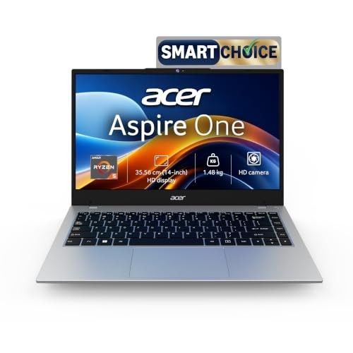 Acer Smartchoice Aspire One, AMD Ryzen 5-40, 8GB LPDDR5 RAM/ 256GB SSD, 14.0"/35.56cm WXGA Display, Win 11 Home, Pure Silver, 1.48KG, A114-43, Thin and Light Laptop