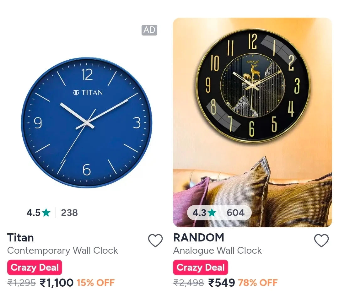 Upto 80% Off Wall clocks - Big Brand - Titan - Home Center - Ajanta - Olive Tree - Random