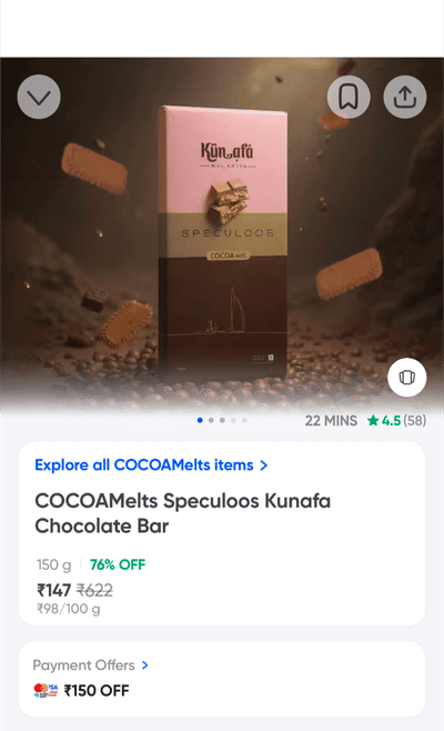 [Imported] COCOAMelts Speculoos Kunafa Chocolate Bar @ 76% off