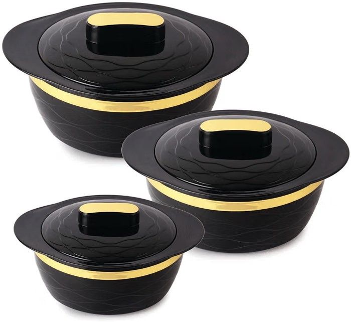 Cello Gold Crust Insulated Casserole Set of 3, (500ml, 1000ml, 1500ml) Black | Double Walled, PU Insulated |
