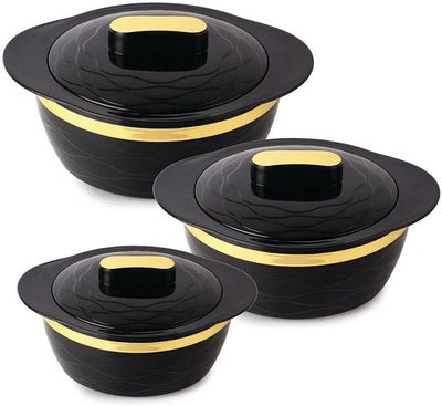 Cello Gold Crust Insulated Casserole Set of 3, (500ml, 1000ml, 1500ml) Black | Double Walled, PU Insulated |