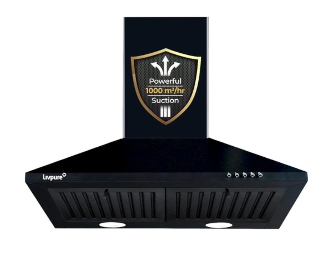 LIVPURE AIRIS-NEO-60 1000 CMH 60 cm Pyramid Shape 60 cm 3 Layer Baffle Filter Powerful suction | 5 Years Motor Warranty Low Noise LED Lamp Push Button Control Chimney (Wall Mounted, Black)