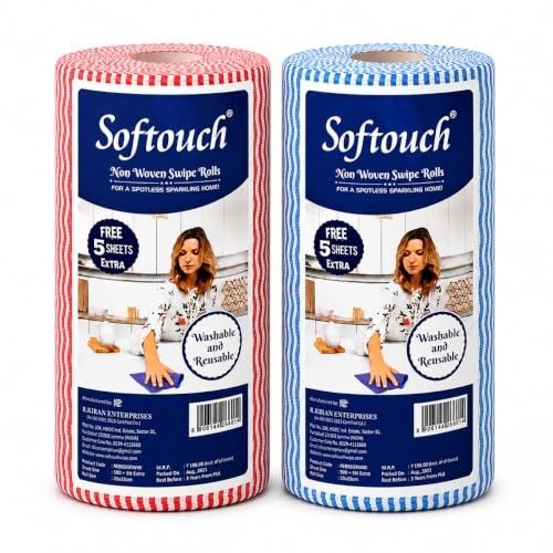 Softouch Non Woven Kitchen Towel Roll Pack of 2, 85 Wipes Per Roll - Reusable Cleaning Cloth Kitchen Cleaning Wipes for Countertop, Utensils, Oil, Spills, Home & Kitchen Cleaning