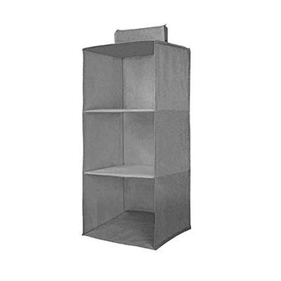 MOQ -2 | PrettyKrafts 3-Shelf Hanging Wardrobe Organiser with Engineered Wood Base | Heavy-Duty Non-Woven Foldable Closet Storage & Almirah Organizer for Clothes, Accessories, and Toys (Grey)