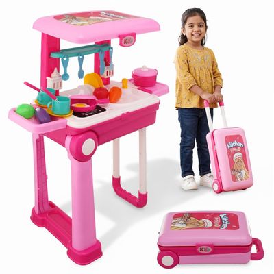 [Gift Idea] Kitchen Play Set for Kids 3-8 Yrs | Light & Sound Portable Suitcase Toy Kitchen | 28 Pieces Pretend Cooking Accessories, Stove, Pots, Pans & Play Food