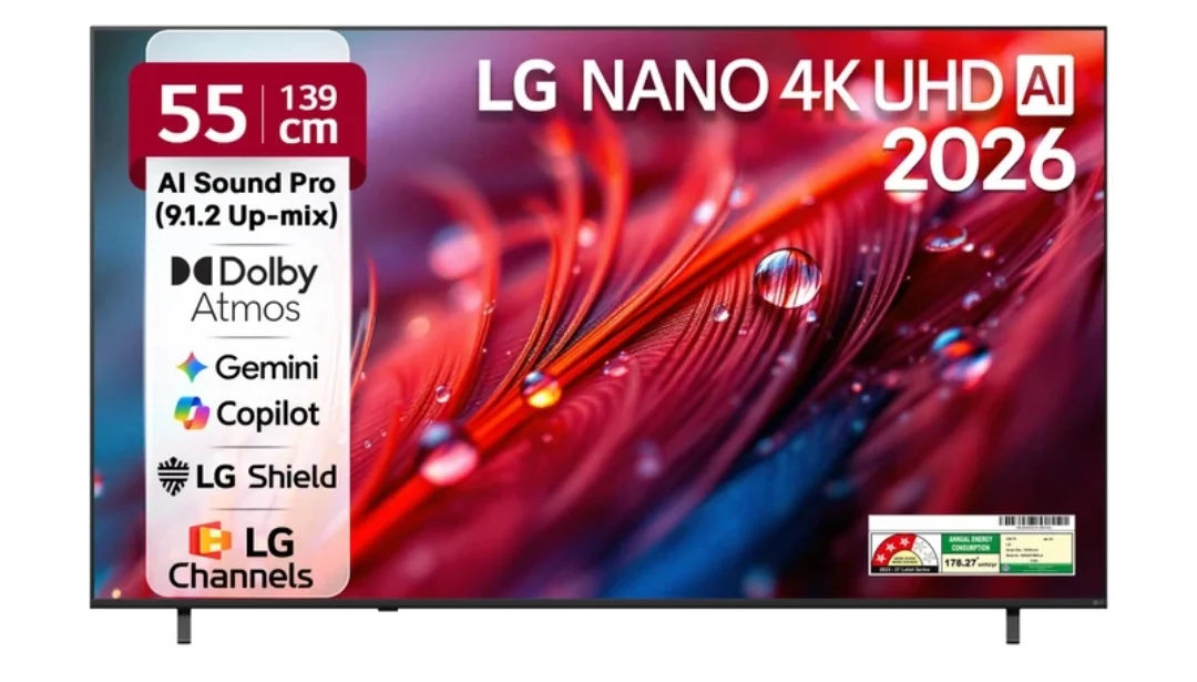 LG 139 cm (55 inch) Ultra HD (4K) LED Smart WebOS TV 2026 Edition with NANO Detail Enhancer, HDR10 Pro, 4K Super Upscaling Alpha7 Al Processor 4K Gen9, Dolby Atmos, Al Sound Pro (9.1.2 ch),