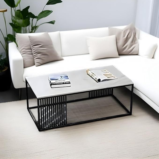 Furniture Café Modern Rectangular Coffee Table with White Marble Top and Gold Metal Frame - Contemporary Center Table for Living Room (Black & White)