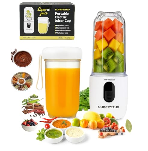 SUPERSTUD Blender Mixer Grinder | Mini Blender for Smoothies & Juices | 2-Jar Capacity (500ml*2) | 230W | 6 Blade || Type-C Charging & Battery Indicator | Auto-Stop After 40s (White)