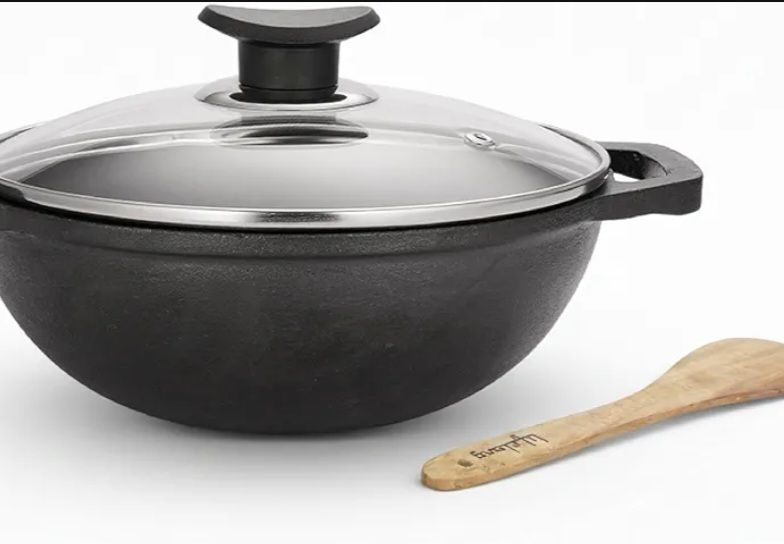 Lifelong Cast Iron Kadhai 24cm with Glass Lid & Wooden Spatula | 3.3L, 2.4kg | Pre-Seasoned, Even Heat Distribution, Toxin & Teflon Free, Non-Stick, & Durable | Gas & Induction Stovetop Compatible