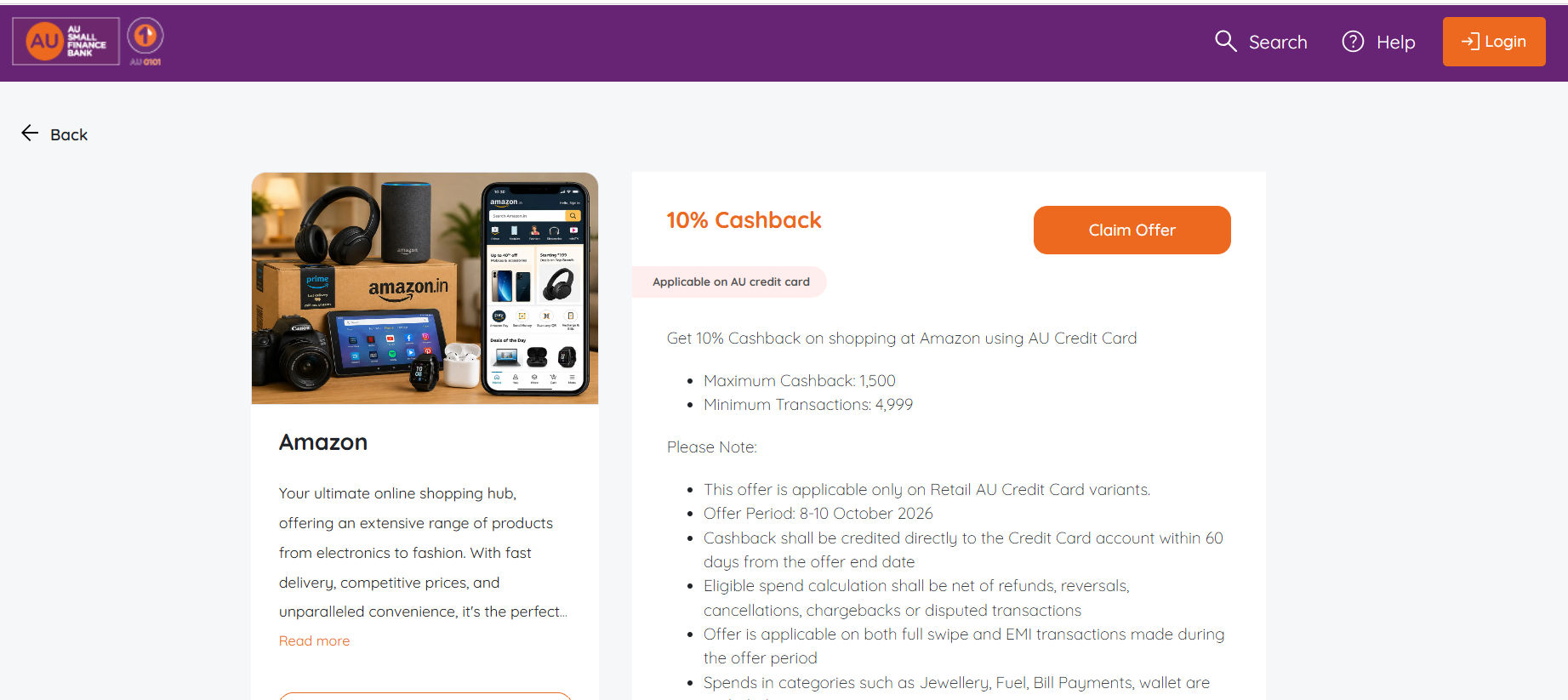 Get 10% Cashback on shopping at Amazon using AU Credit Card