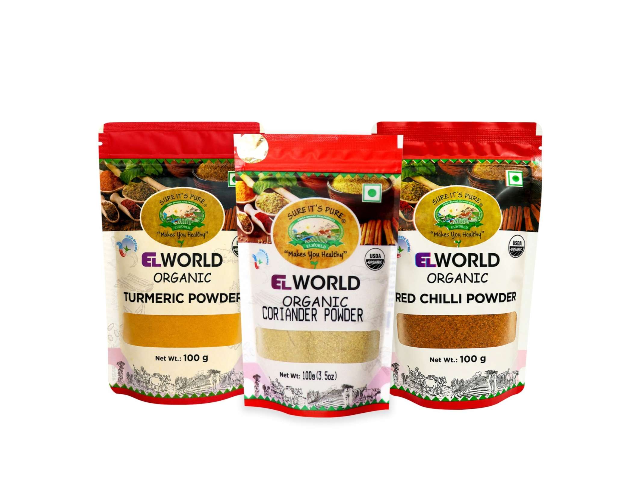 Elworld Agro & Organic Food Products Turmeric Powder 100g + Red Chilli Powder 100g + Coriander Powder 100g Product