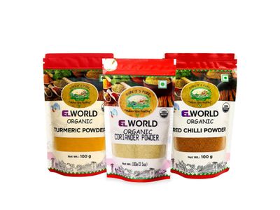 Elworld Agro & Organic Food Products Turmeric Powder 100g + Red Chilli Powder 100g + Coriander Powder 100g Product