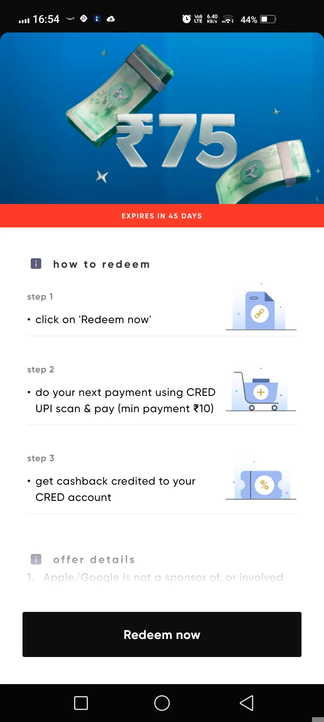 75 cb on upi via cred @ 5 scan (unsure p2p/p2m)