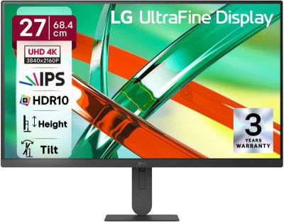 LG UltraFine 68.0 cm (27 inch) 4K Ultra HD LED Backlit IPS Panel with HDR10, DCI-P3 90%, 3-Side Virtually Borderless, DP, HDMI, Height/Tilt Adjustable Monitor