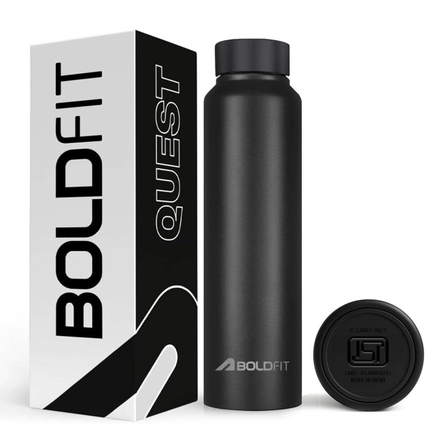 Boldfit Water Bottles Stainless Steel Water Bottle 1 Litre Steel Bottles for School, Office, Home, Gym 1 Litre for Men Leakproof, Rust Free Metal Bottle -1000 ml Black