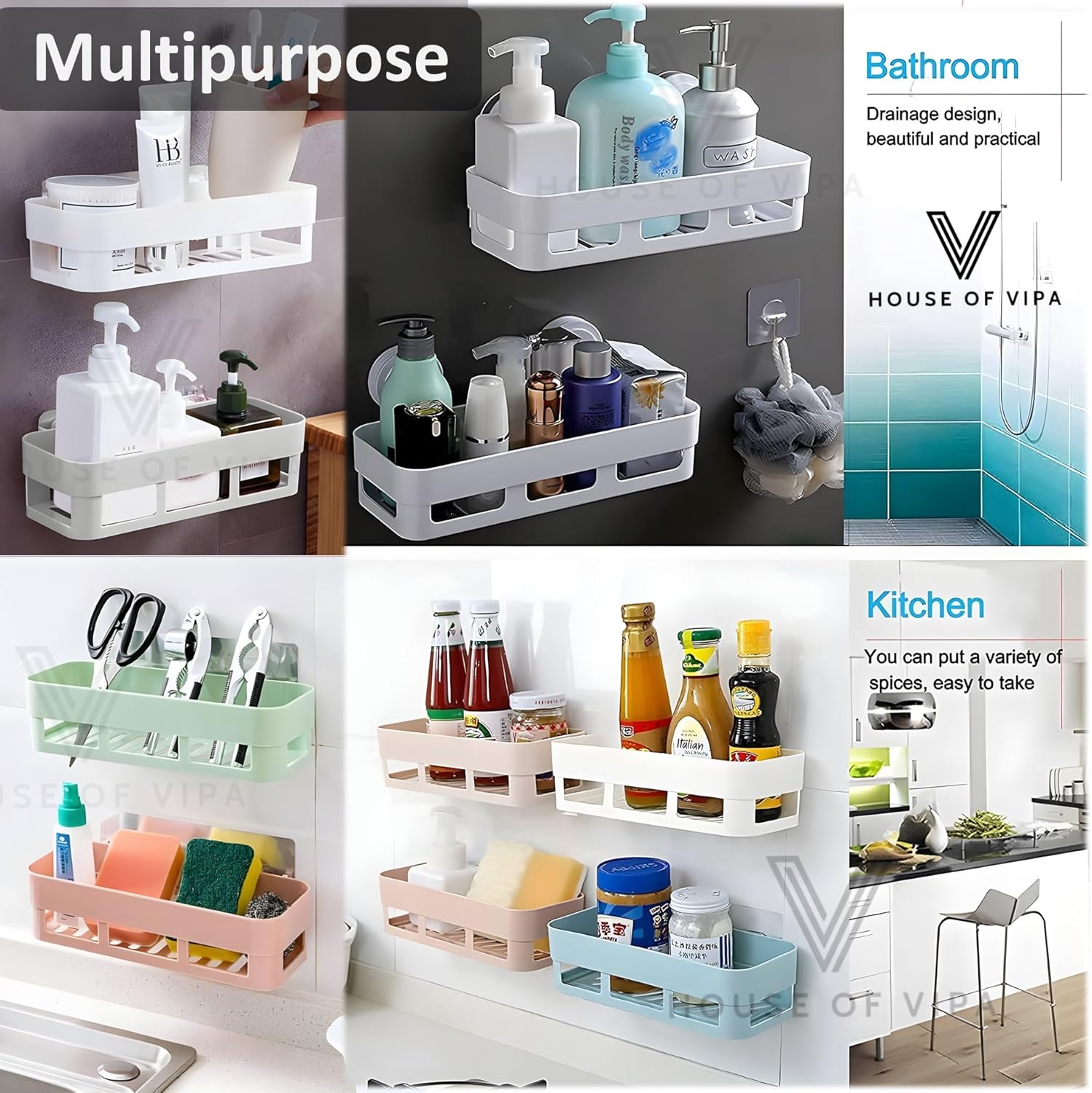 House of vipa Bathroom Shelf Without Drill | Adhesive Bathroom Organizer Wall Shelf | 2 Shelves + 2 Soap Dish | Waterproof Rust-Free Bathroom Rack for Kitchen & Washbasin