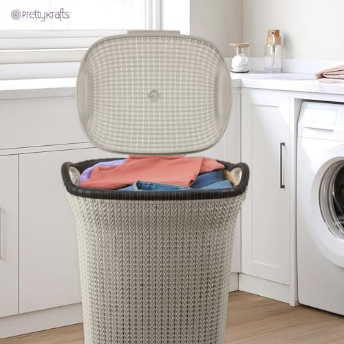 PrettyKrafts 60 L Plastic Laundry Basket with Lid | Large Clothes & Toy Storage Bin 61×45×35 cm | Durable Ventilated Knit Design | Easy-Grip Handles | Ideal for Home & Kids Room Organiser