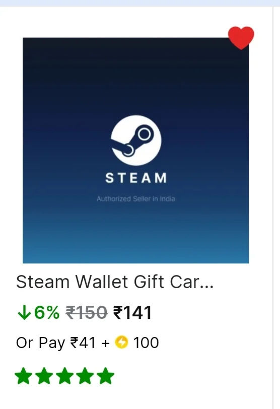 Flipkart- ₹150 Steam Wallet Gift Card at ₹41 by using 100 sc