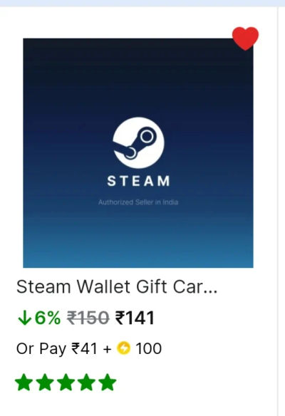 Flipkart- ₹150 Steam Wallet Gift Card at ₹41 by using 100 sc