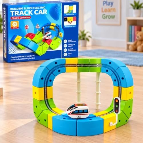 GRAPHENE 67 PCS Electric Train Set with 3D Flexible Cube Tracks DIY Railway Building Blocks with Electric Track Car Anti-Gravity Race Track Construction Toy for Kids