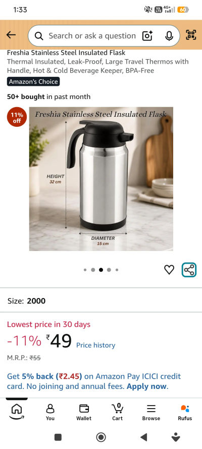 MRP ERROR:Freshia Stainless Steel Insulated Flask Thermal Insulated, Leak-Proof, Large Travel Thermos with Handle, Hot & Cold Beverage Keeper, BPA-Free