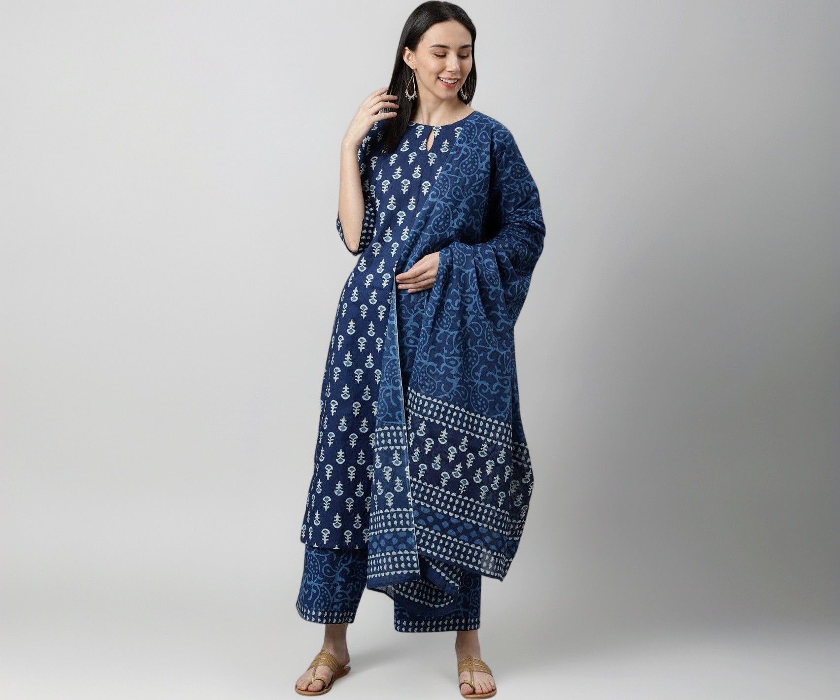 Amayra Women's Cotton Printed Straight Kurta with Palazzos and Dupatta Set